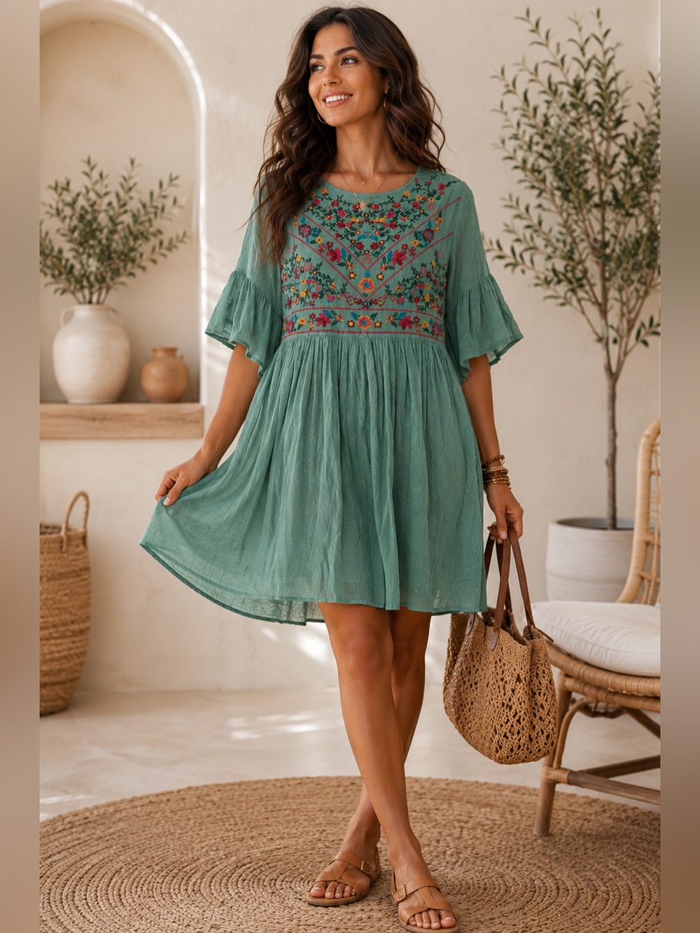 Umgee Sage Green Embroidered Boho Babydoll Dress Bell Sleeve Medium